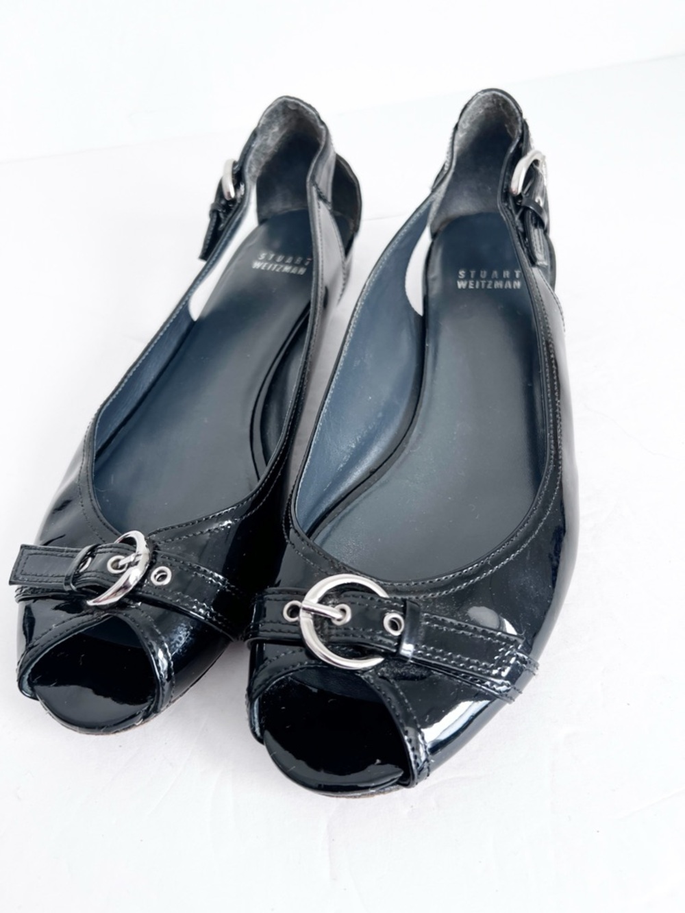 SZ 10 Stuart Weitzman Black Patent Leather Peep-Toe Buckle Slingback Flats